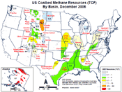 Map of US coalbed methane resources by basin in trillion cubic feet of natural gas